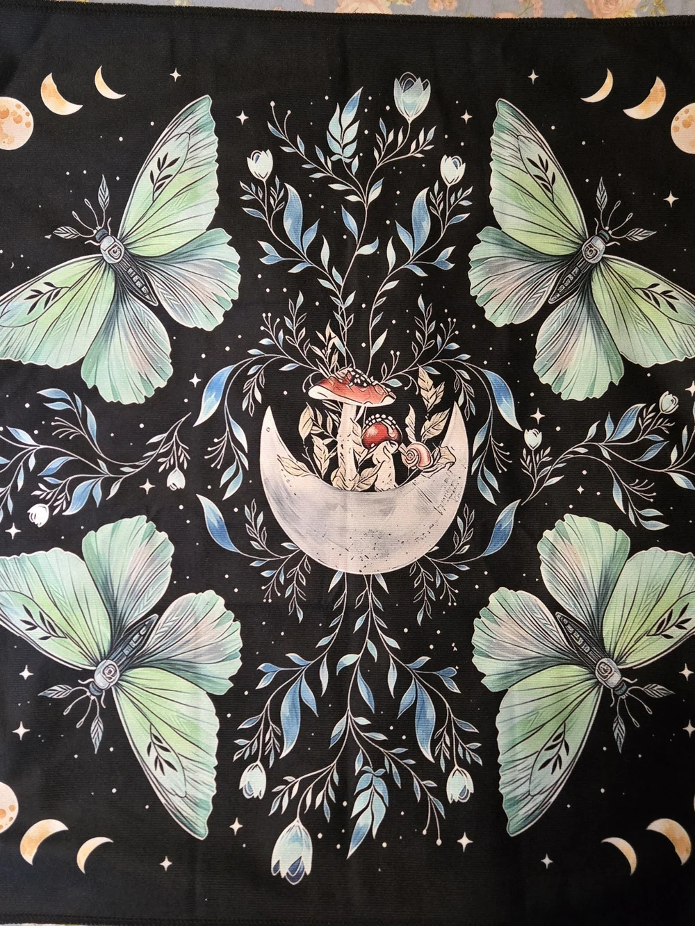 Botanical Moon & Moth Mushrooms Mini Tapestry Tarot Oracle Card Reading Cloth